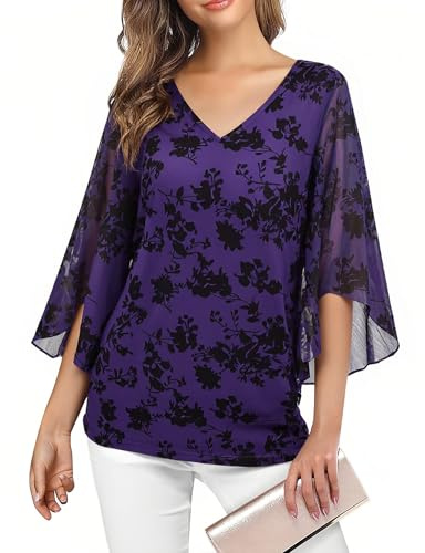 Enmain Tunique Femme Longue Chic et élégant col en V Motif Floral Haut Chemisier Blouse Femme Ample à 3/4 Manches Casual Fete Top