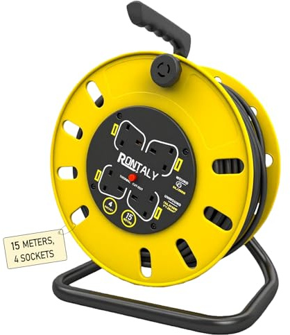 Extension Lead Outdoor, 15 Metres & 4 Socket Garden Extension Cable Heavy Duty Cable Reels with Winding Handle, 13A Fused UK Plug