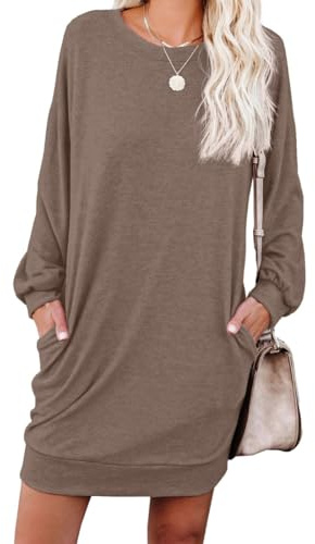 PrinStory Damtröja klänning fritidsklänningar rund hals sweatshirtklänning med fickor, kaffe, L