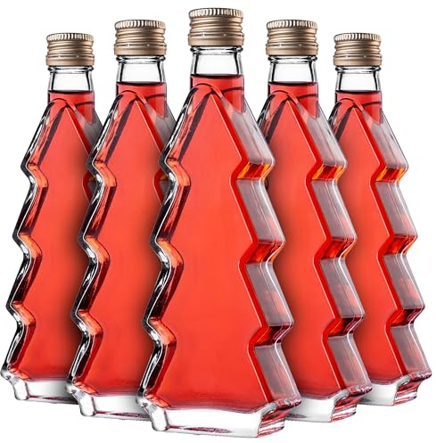 KADAX Juego de 5 botellas de cristal en forma de árbol de Navidad, 200 ml, con tapón de rosca dorado – Botellas vacías para rellenar con licor y aguardiente, ideal para Navidad y como regalo