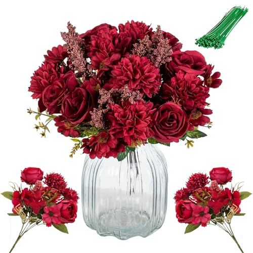 ZenyTra 2 Stück Künstliche Rosen Strauß, 34cm Lange Rote Seidenrosen mit 10 Drahtbindern, 8cm Blütendurchmesser, Kunstblumen Wie Echt für Hochzeit, Party, Tischdeko, Vasenarrangement