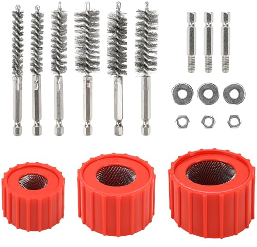 9pcs Copper Pipe Cleaner for Power Drill, 1/2 3/4 1 Copper Pipe Brush Plumbers Cleaning Brush with 6pcs Stainless Steel Wire Bore Brush, Plumbing Tool for Pipe Preparation Before Soldering