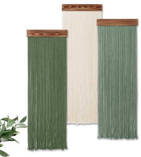 Weldomcor 3PCS Macrame Wall Hanging Boho Chic Home Decor, Handmade Tassel Yarn Tapestry Modern Wall Art Decorations for Living Room Bedroom Office Nursery Backdrop (Green White)