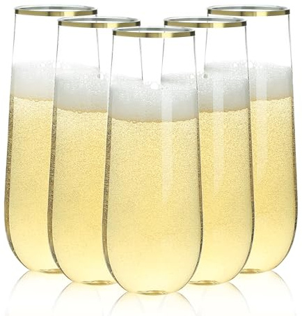 Goodluck 48 Pack 9oz/255ml Plastic Champagne Flutes | Clear Gold Shatterproof Champagne Flutes Plastic,BPA-Free Round-Bottom Tumblers for Prosecco,Cocktails,Picnic,Wedding, Party
