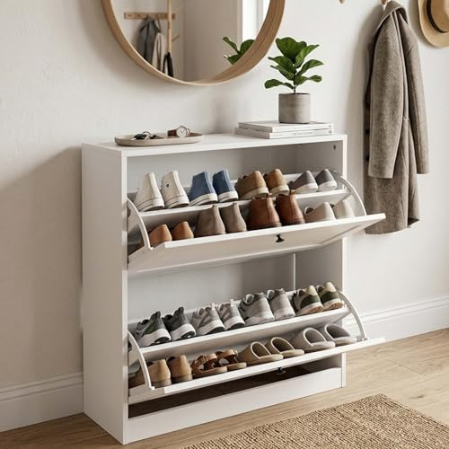 Amveya Schuhschrank Weiß Schmal Platzsparend, Schuhkipper mit 2 Klappen& Kippschutz Schuhregal, Kleiner Schrank für Flur und Diele Modernes Design 80 x 24 x 80 cm