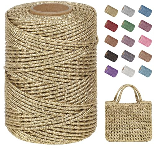 Uiopa Cordino Metallico per Borse Uncinetto, 2mm x 100m Filo Uncinetto Glitter in Poliestere, Filo Macrame Cordoncino per Borse, Cestini, Decorazioni, Artigianato (Oro)