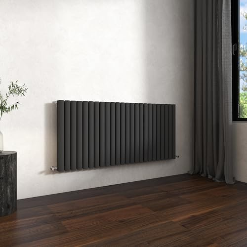Double Horizontal Modern Oval Column Radiator 600x1416mm Anthracite | Central Heating Wall Mounted Rads,BS EN442 Standards,Column Radiators Designed for UK Hallway, Living Room & Bathroom