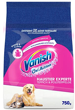 Vanish Haustier-Experte Teppich- und Polsterreiniger – 1 x 750 g – Pulver zur Pflege verschiedener Textilien und Polster, ideal für Großflächen – Gegen Schmutz, Tierhaare und Geruch nach Urin
