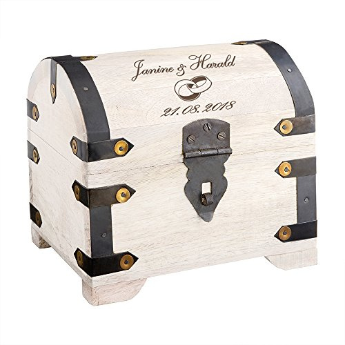 Casa Vivente Schatztruhe mit Gravur zur Hochzeit, Motiv Ringe, Personalisiert mit Namen und Datum, Schmuckkästchen aus weißem Holz, Geldgeschenke