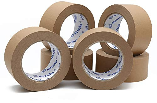 9Cube 6 Environmentally Friendly Paper Packing Tape, Brown Kraft 50mmx50M, Strong Recyclable Heavy-Duty Parcel Packaging for Moving House and Box, Shipping Sealing Adhesive Sticky Roll