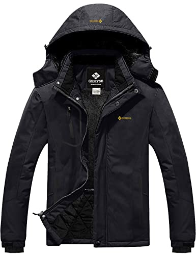 GEMYSE Herren Wasserdichte Berg-Skijacke Winddichte Fleece Outdoor-Winterjacke mit Kapuze (Schwarz,XL)