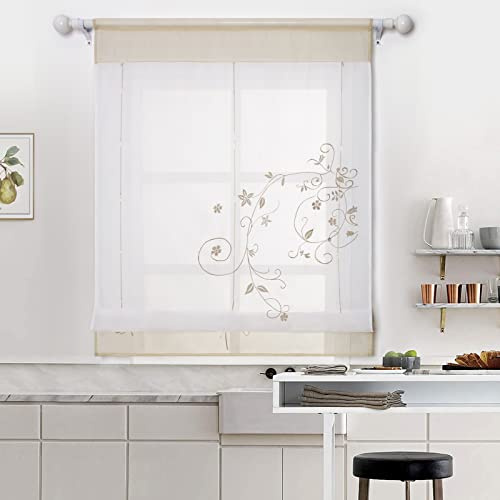 SIMPVALE Khaki Raffrollo Vorhang, 100x120cm (BxH) Voile Vorhänge, 1 Stück | Exquisite Florale Bestickte Transparente Gardinen Schaffen Eine Gemütliche Atmosphäre für Schlaf- und Wohnzimmer