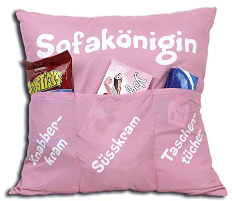 KAMACA Sofakönigin Dekokissen mit Füllung 43x43 cm mit 3 Taschen Kuschelkissen für Sofa und Couch Lustiges Geschenk für Frauen Mama Schwester Freundin Muttertag Filmabend (Sofakönigin)