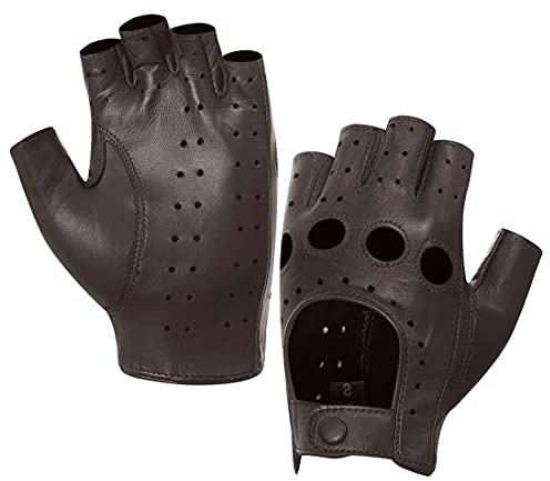 Harssidanzar Damen Halbfinger Lederhandschuhe für fahren Fingerlose Lammfell ungefüttert Handschuhe,Braun,Größe M