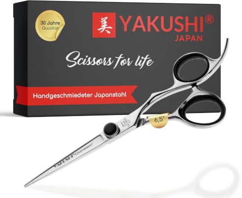 YAKUSHI Chameleon Haarschneideschere 6,5'' I Classic-Line I Schere aus Japanstahl mit Offset-Form & ergonomischem Fingerhalter I Rasiermesserscharfe Friseurschere mit Hohlschliff & Rädelschraube