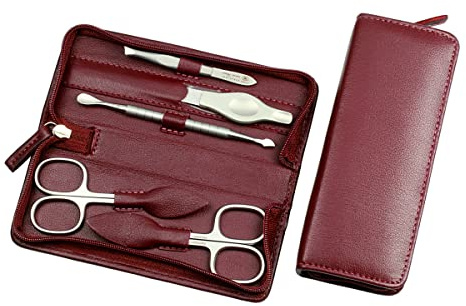 HK Manicure by Hans Kniebes - 5-tlg. Maniküre-Set - Nagelschere, Hautschere, Pinzette, Feile, Hautdrücker/-messer - bordeaux