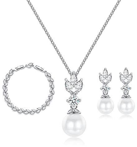 Schmuckset Silber 925 für Damen, Hochzeit Schmuckset Perlen Ohrringe Halskette Armband mit 5A Zirkonia, Brautschmuck Set Blumen Silber 925 Schmuck mit Geschenkbox Geschenke für Braut Brautjungfer