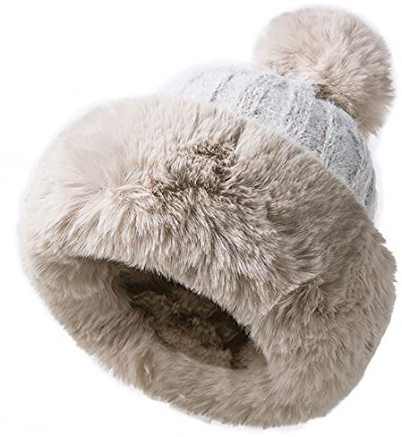 JFAN Gorro de Invierno para Mujer Gorra Ruso con Forro Pompom Sombrero para Polar, Gris Beige Talla única