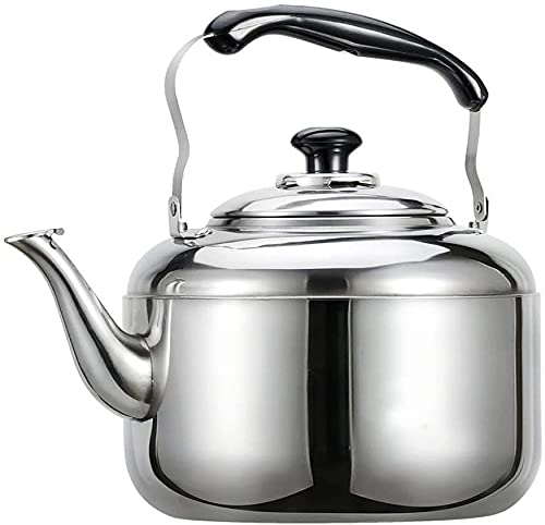 AWAING Flötenkessel Induktion Edelstahl Teekanne Pfeife Teekanne Große Kapazität Teekanne mit ergonomischem Griff Haushalt Wasserkessel für Holzofen(Color:Silver;Size:6L)