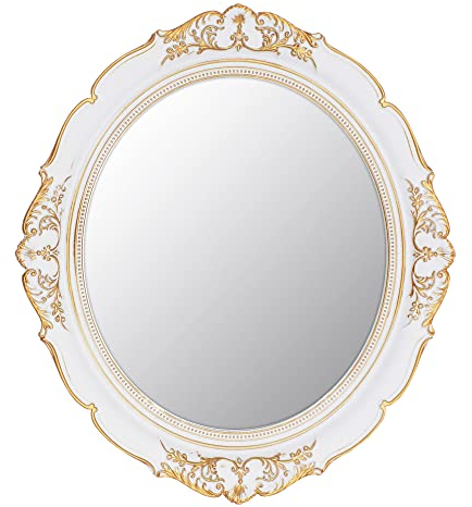 Eaoundm Dekorativer Wandspiegel, Vintage-Hängespiegel für Schlafzimmer, Wohnzimmer, Kommode, oval, 33,3 x 37,6 cm, Weiß