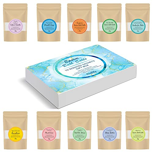 Scented Epsom Salts Box Hamper Magnesium Sulphate Bath Salt 10x35G Variety Gift Hamper Box Pack by 1n Bath Body Spa Ideal for Relieving Sore Muscles, Reduces Inflammation