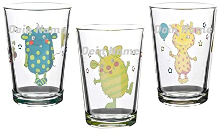 LUXENTU Kinderbecher mit Gravur, Monsterchen, 205 ml, 3 Stück | Personalisierte Kindergläser mit Namensgravur zum Geburtstag oder Einschulung, mit 3 verschiedenen Namen