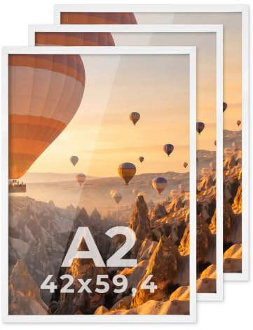 PHOTOLINI Bilderrahmen A2 Weiß Holz MDF, 3er Set Picture Frame Rahmen 42x59,4 mit bruchsicherem Acrylglas, DIN A2 Bilderrahmen 42x60 zum Aufhängen, mit Zubehör - A 2 Frames für Fotos & Poster