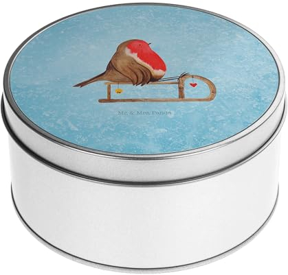 Mr. & Mrs. Panda Blechdose rund Rotkehlchen Schlitten - Geschenk, Vorratsdosen, Vorratsdose, Weihnachten, Weihnachtsdeko, Geschenkkiste, Blechdosen