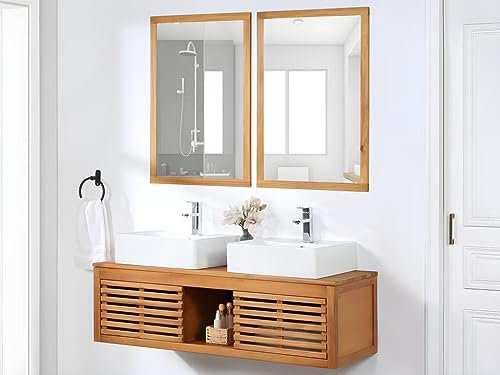 Vente-unique-Waschbeckenunterschrank hängend mit Doppelwaschbecken + 2 Spiegel - Akazienholz - 130 cm - PENEBEL