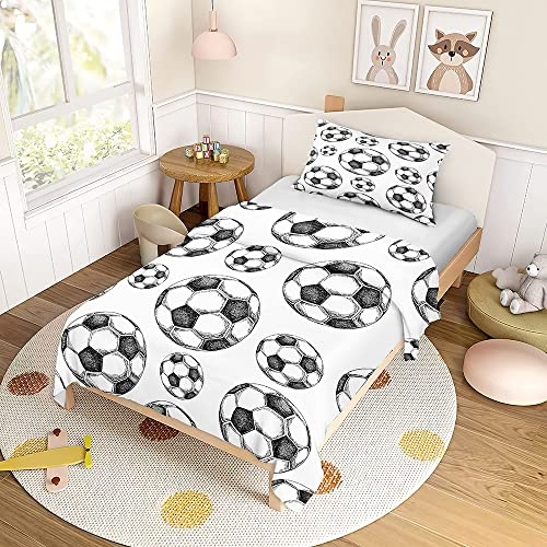 Mateju Kids Duvet Cover Set Single Bedding Set 2 Piece, Boys Girls Black and White Football Printed Soft Microfiber Bedding 100X135cm Quilt Cover With Matching Pillow Case 40x60cm (sketch)