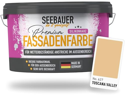 SEEBAUER diy Silikonharz-Fassadenfarbe Braun 5L für Außen (No. 627 Toscana Valley) Selbstreinigende Fassadenfarbe mit Lotuseffekt - Geeignet für Putz, Mauerwerk und Beton