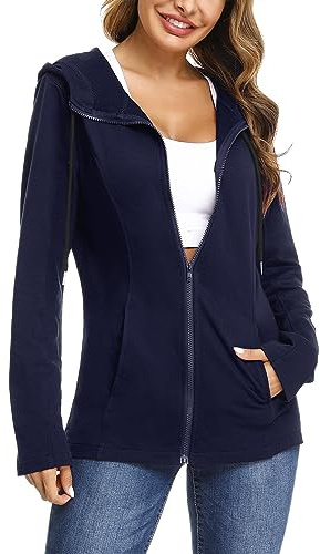Aottori Damen Basic Sweatjacke mit Kapuze Einfarbig Kuschelig Dünn Zip Hoodie Kapuzenjacke Sweatshirt-Jacke Marine L