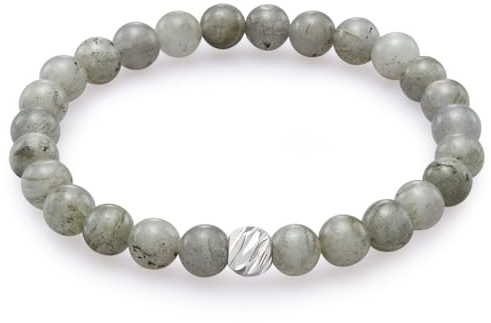 day.berlin Damen Perlenarmband Neo, Labradorit Naturstein Armband mit 6mm Edelsteinen, flexibles Zugband 17cm lang, handgeknüpft mit Strass Perle