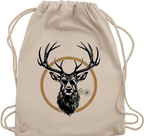 Turnbeutel Rucksack - Kompatibel mit Oktoberfest Tasche - Cooler Hirsch Hirschgeweih Jäger - Unisize - Naturweiß - trachtenrucksack bayrische hirsche taschen trachtentaschen bayrisch edelweiß