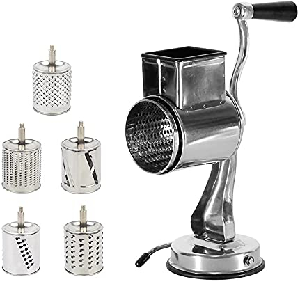HJJP Edelstahl Manuelle Trommelreibe - Ideal für Käse, Gurken, Karotten, Kartoffeln - Spiralschneider Gemüsesalatschneider mit 5 Trommeleinsätzen - Vielseitiges Küchenwerkzeug für mühelose Zubereitung