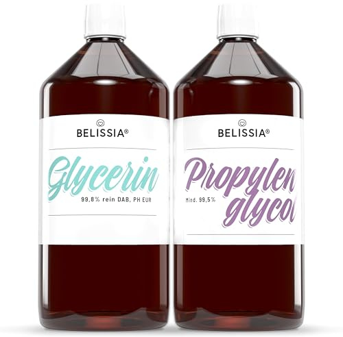 Belissia Glycerin VG 99,8% 1L E422 und Propylenglykol PG 99,5% 1L | Lebensmittelqualität, vegan, für Kosmetik, Aromen, DIY, Feuchtigkeitspflege, Laborbedarf und technische Anwendungen