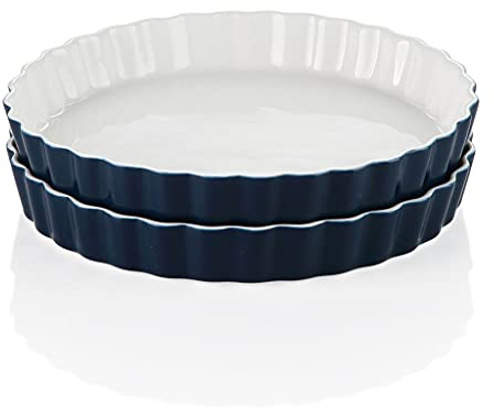Geschirr-Set, 1/2-teilige runde Quicheform aus Porzellan, traditionelle Flan-Pfanne aus Porzellan, Backplatte mit gerüschtem Rand (2_teilig)