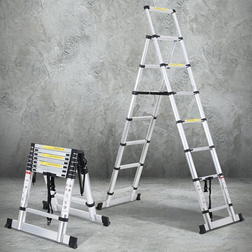 Cecaylie Scala telescopica allungabile in alluminio antiscivolo, multiuso, per riparazioni del tetto, portata 150 kg, 2 m+2,3 m, 6+7 gradini, 69 cm da piegata