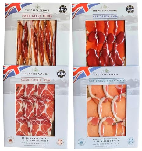 The Greek Farmer 4 Piece Letterbox Charcuterie | Cured Meats & Cold Cuts | Artisan Charcuterie Gift Box | British Free-Range Pork | 5-Star Great Taste Award | Ideal Foodie Gift & Savoury Hamper
