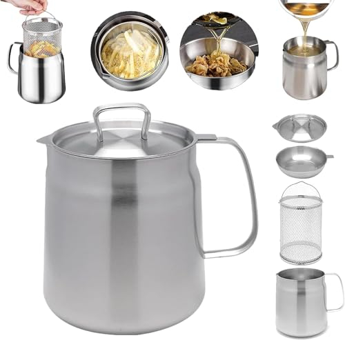Stainless Steel Oil Filter Pot, 304 Stainless Steel Large Capacity Versatile Oil Filter Vessel Tank, Fryer Oil Filter, 2024 New Oil Filter Pan Cooking Oil Container (2L)