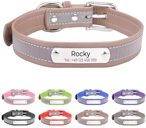 Reflektierend Halsband für Hunde aus Leder Personalisierte Hundehalsband mit Namen Gravur Hellbraun Halsband mit Namenschild für Welpen Katze, Hundehalsbänder XS