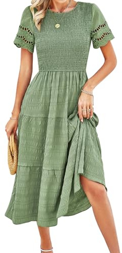 EYYECAN Abito Midi da Donna Estivo Casual con Scollo a V e Maniche a Volant e Punto Smock a Vita Alta