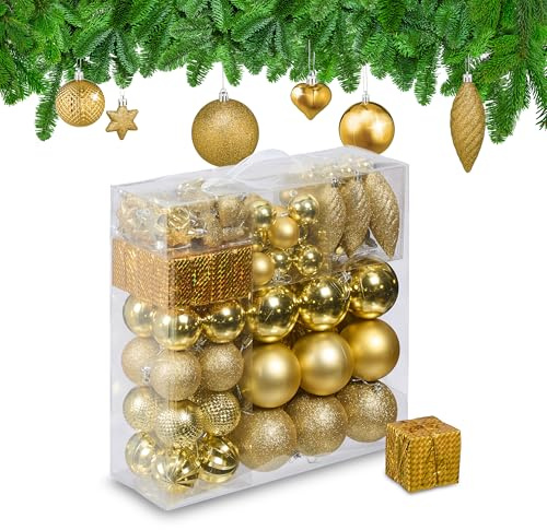 Relaxdays Weihnachtskugeln 110er Set, Kunststoff, Weihnachtsbaumdeko mit Kugeln & Lametta, Christbaumschmuck, Farbwahl | Weihnachtsbaumdeko mit Kugeln & Lametta uvm., Christbaumschmuck