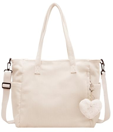 Corduroy Tote Bag for Women, Waterproof Cord Tote Bag with Heart Keychain, Large Shoulder Bag with Zipper and Pockets, Big Capacity Shopping Bag for Work Travel College Daily Use(White)
