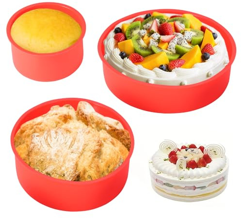 3 stampi per torte in silicone, rotondi, in silicone, con guanti da forno, 4/6/8, antiaderenti e stampi in silicone per torte, torte al formaggio, torta arcobaleno (rosso)