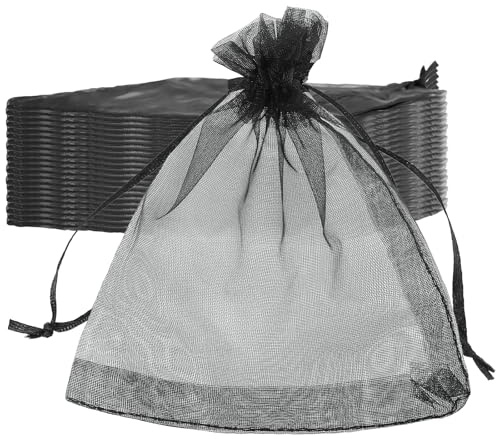 KEILEOHO 200 Stück Organzasäckchen Schwarz 9 x 12 cm, Schwarze Organzabeutel Klein mit Zugband, Organza Beutel Säckchen Mini für Geschenk Verpackung, Hochzeit, Geburtstag, Party