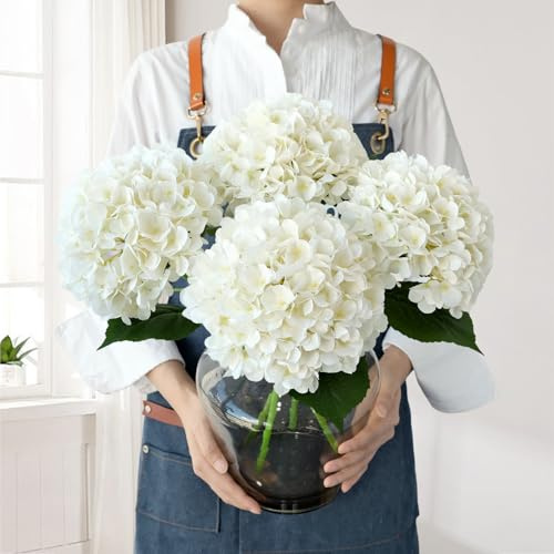 JINWOE White Hydrangea Artificial Flowers, 4Pcs 22 Large Lifelike Faux Silk Flowers, Full Fake Artificial Hydrangeas with Stems for Bouquet Table Centerpieces Home Outdoor