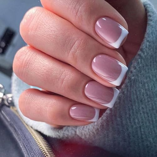 French Tip False Nails - White Press On Nails - 24PCS Full Cover Short Square Fake Nails - Acrylic French Stick on nails with Glue for Women DIY Manicure