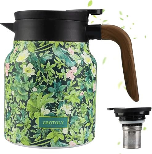 Vintage Floral Pattern Insulated Thermal Teapot, 800 ml Stainless Steel Tea Thermos, Teapot with Infuser for Hot Tea and Cold Drinks, Tea and Coffee Jug (Green)