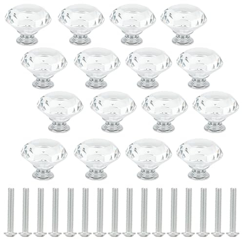 KOHAND 16 Pcs 40mm Clear Crystal Door Knobs, Crystal Glass Drawer Knob Diamond Door Handles with Screws for Home Kitchen Office Wardrobe Chest Bin Drawer Cabinet
